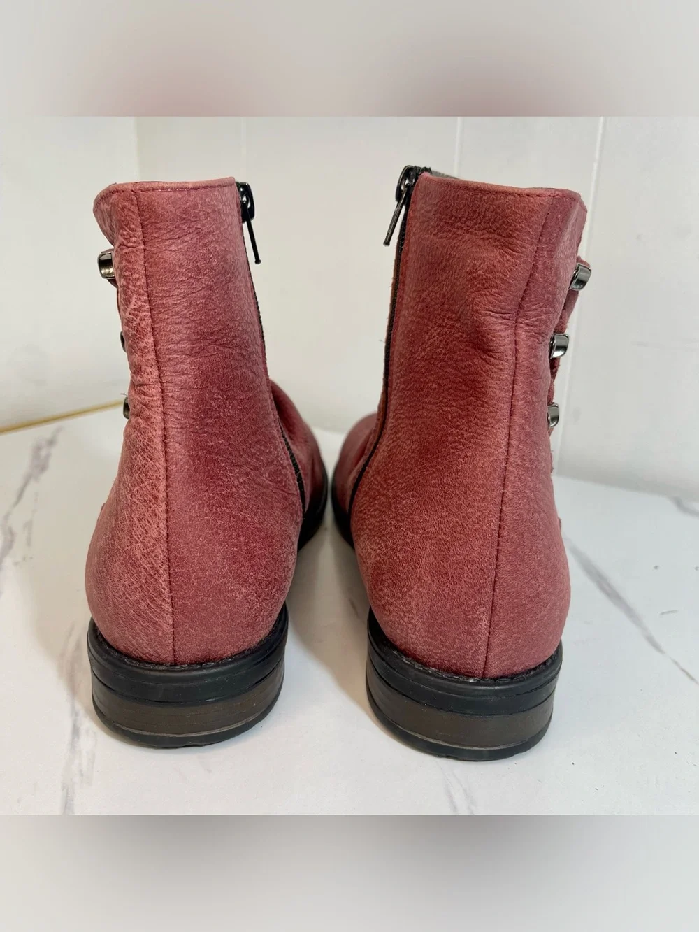 Rose Red Textured Ruched Leather Ankle Boots with Lace Detail Size 9.5M